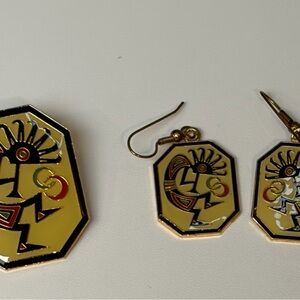Kokopelli Geometric Yellow and Black Earrings Set with matching lapel pin
